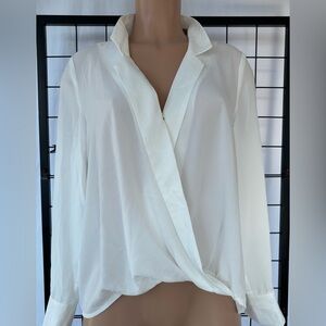DO+BE white faux wrap V-neck blouse with long sleeves and a collar.